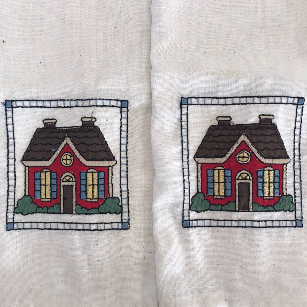 Vintage Tea Towels Two Embroidered Linen Kitchen Red Cottages House